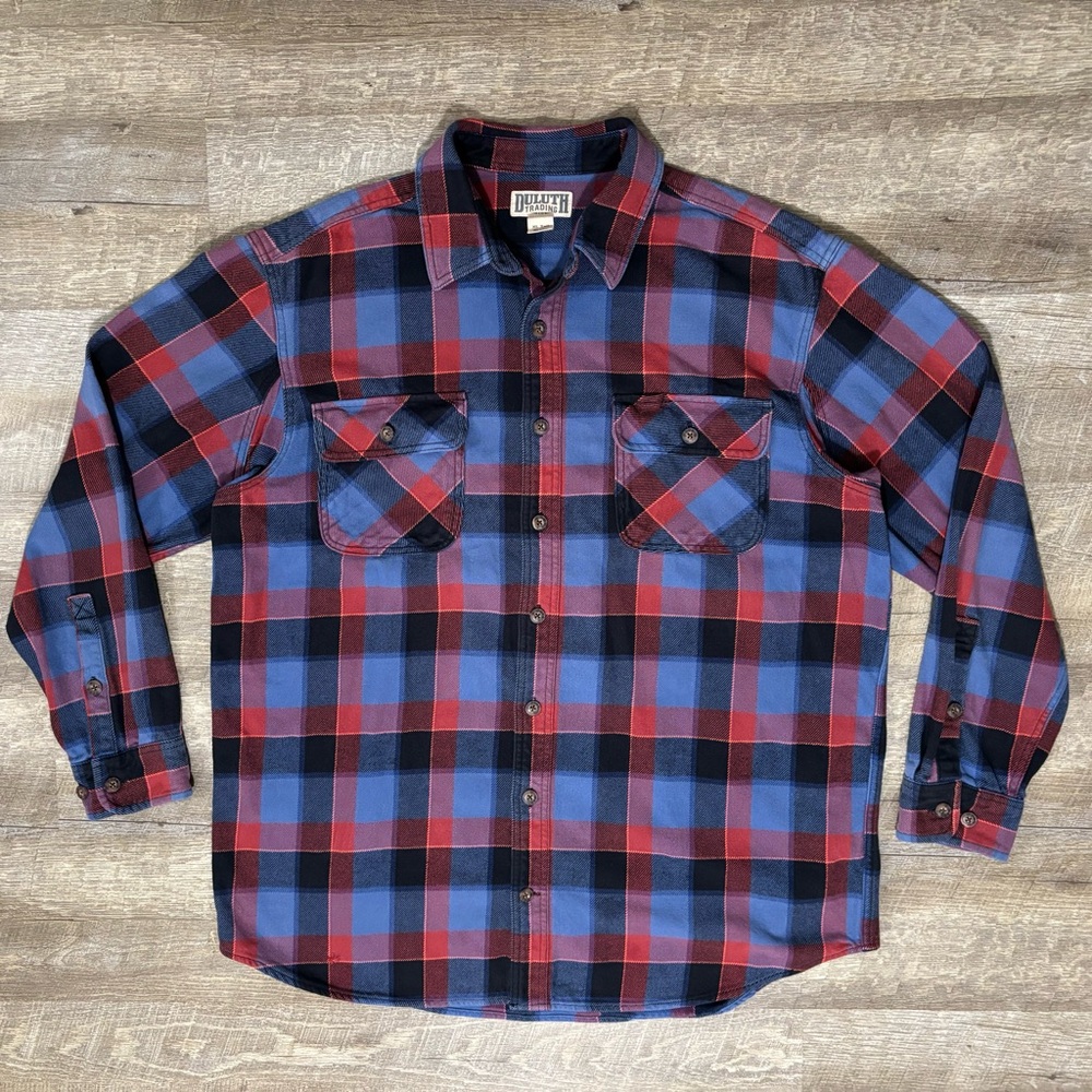 Duluth Trading Co Plaid Flannel Shirt Button Down Men's XL TALL Blue Red FLAW